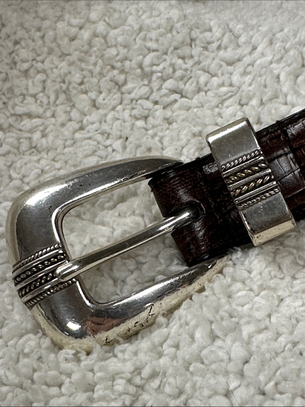 Brown Faux Vegan Leather Belt Size 38 Woven Western Boho, Silver Tone Buckle